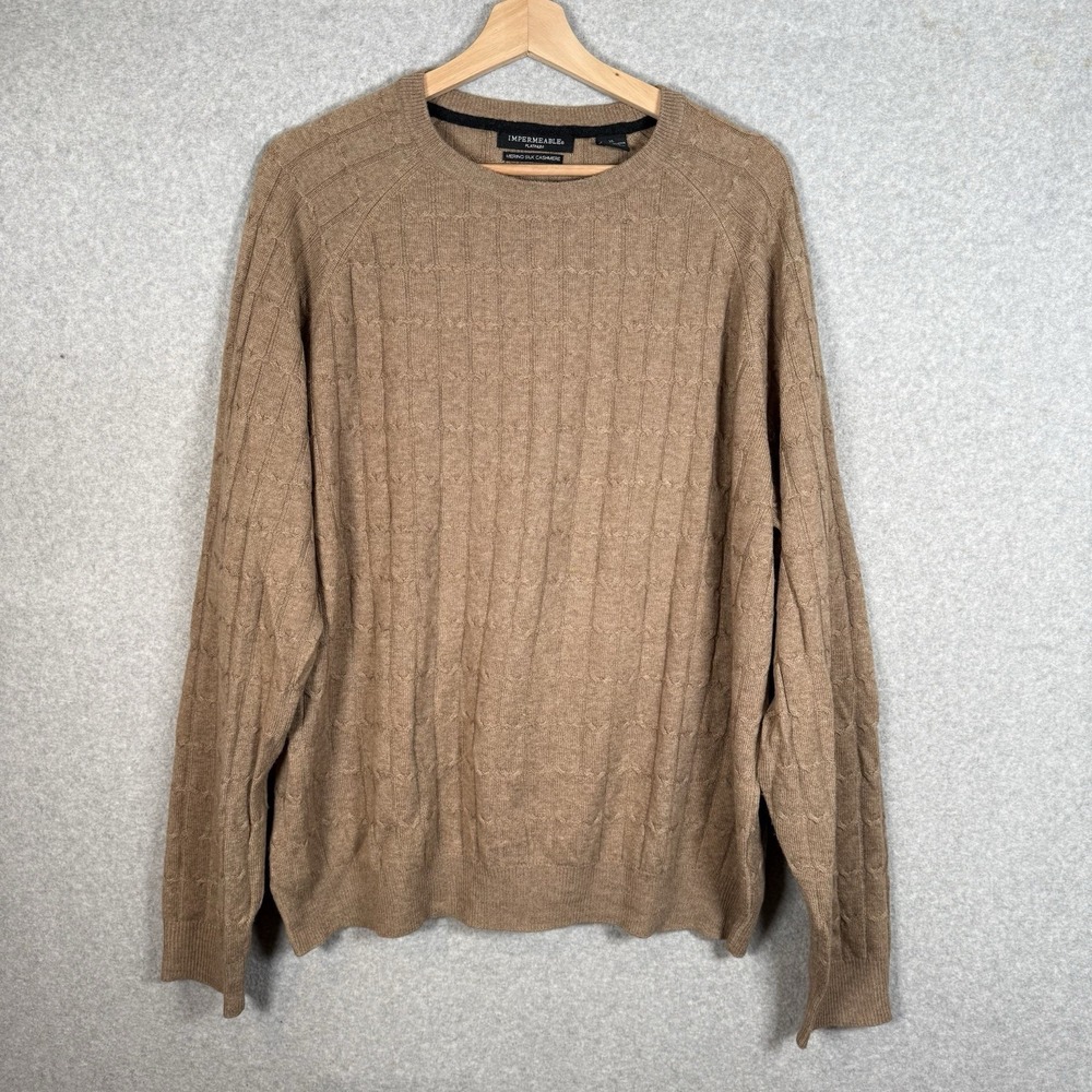Impermeable Platinum Mens XL Merino Silk Cashmere Beige Cable Knit Sweater
